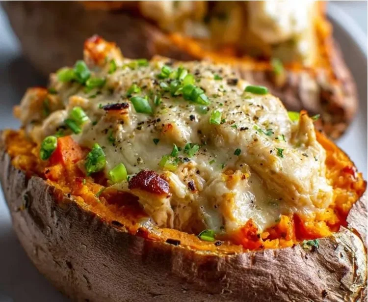 Healthy chicken pot pie with sweet potatoes for meal prep