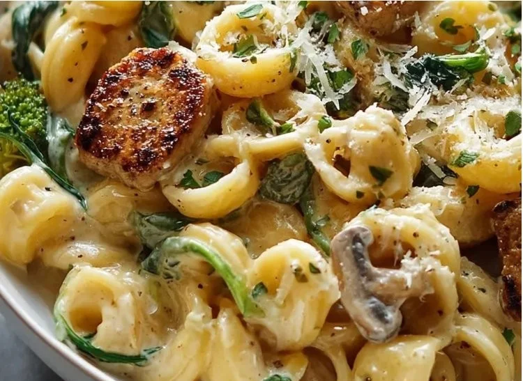 Healthy chickpea pasta dish with creamy Greek yogurt sauce