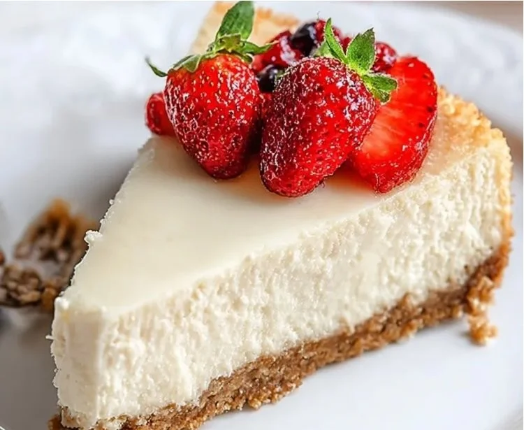 Healthy cottage cheese cheesecake with a graham cracker crust on a plate.