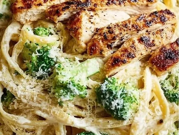 Healthy Skinnier Alfredo with Chicken and Broccoli dish