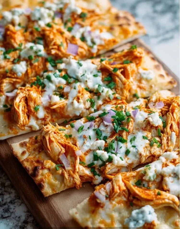 High-protein buffalo chicken flatbread topped with spicy chicken and fresh ingredients