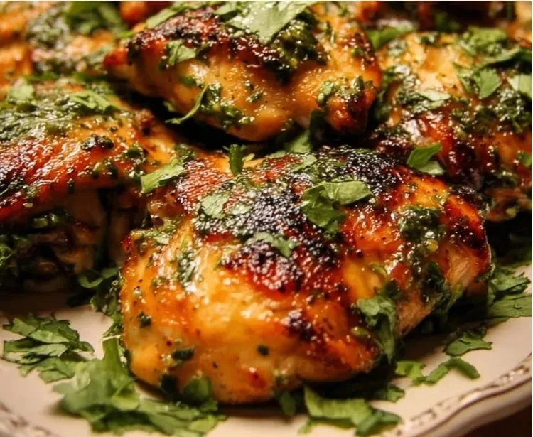 Delicious cilantro lime chicken thighs garnished with fresh cilantro.