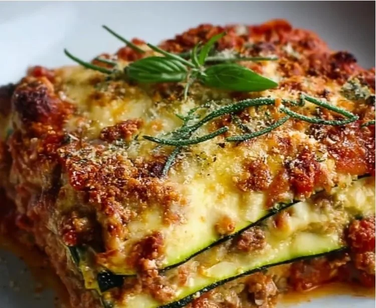 High protein low carb zucchini lasagna served on a cozy dinner table