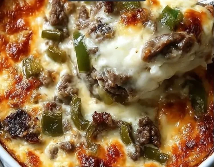 High Protein Philly Cheesesteak Casserole served in a dish, ready in 50 minutes.