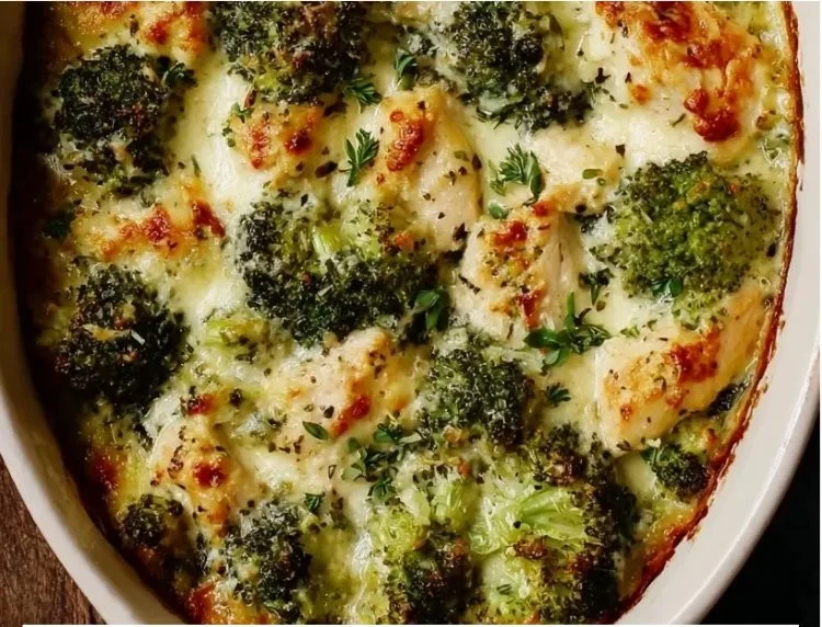 Low-Carb Creamy Tuscan Chicken Broccoli Casserole ready to serve