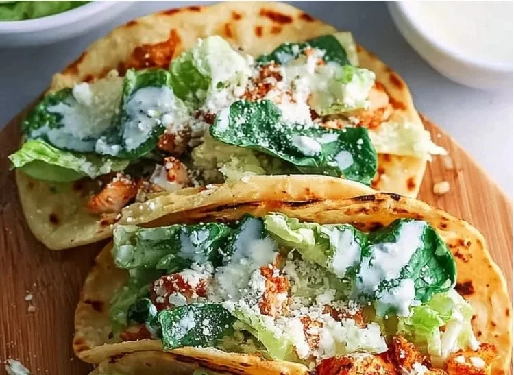 High-protein smashed chicken tacos with Caesar dressing and toppings