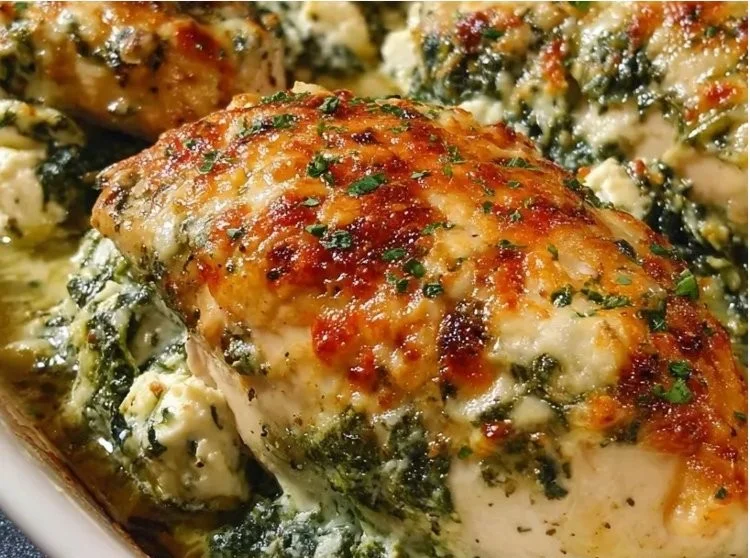 One pan baked chicken with spinach and feta - a delicious weeknight dinner