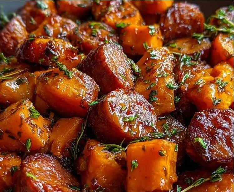 One-pan sausage and sweet potatoes dish served on a cozy dinner table