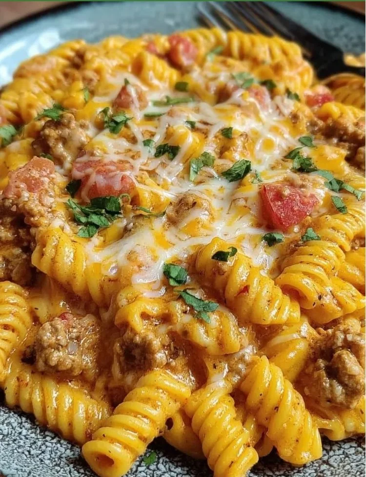 One-Pot High-Protein Rotel Pasta served in a bowl with fresh herbs and cheese