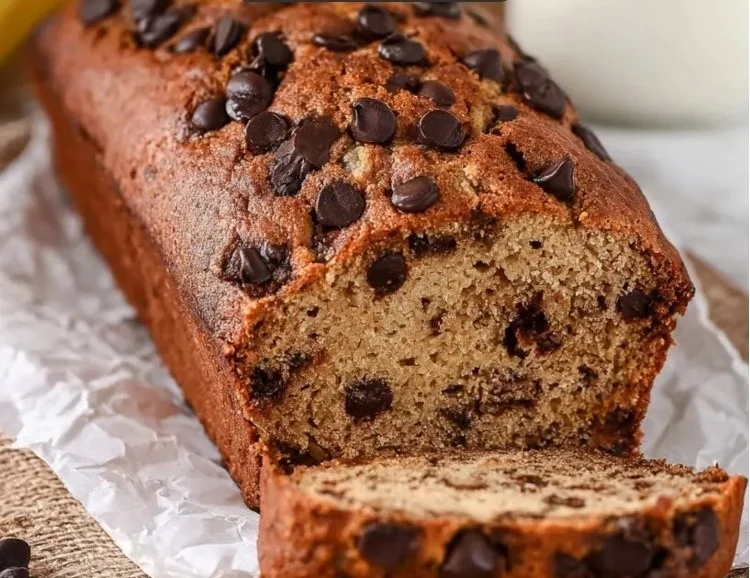 Protein-packed oat flour banana bread served on a wooden table.