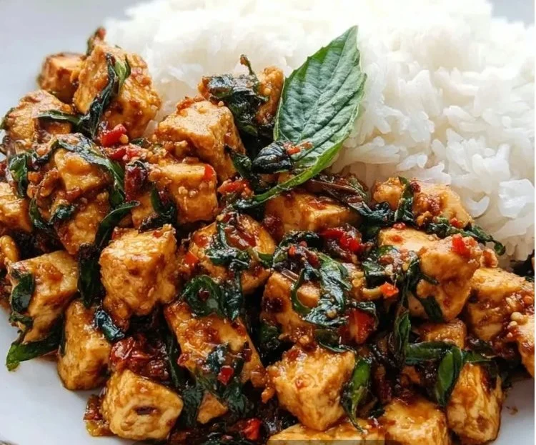 Delicious Simple Thai Basil Tofu stir-fry with fresh vegetables