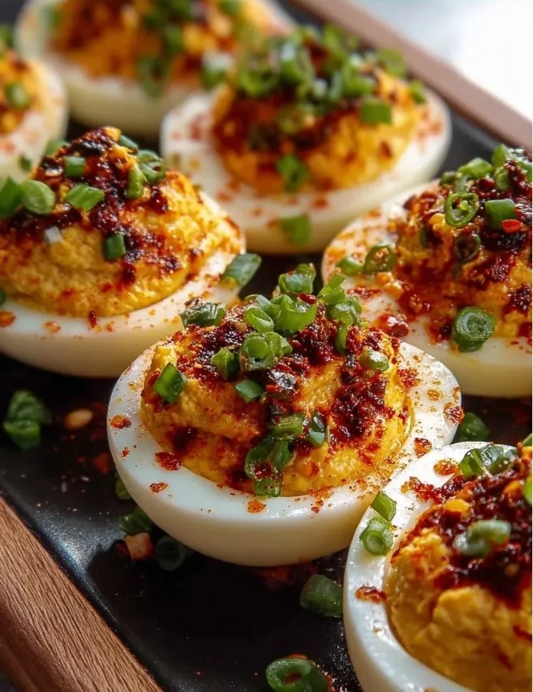 Spicy Chili Garlic Deviled Eggs served on a platter for a party appetizer.