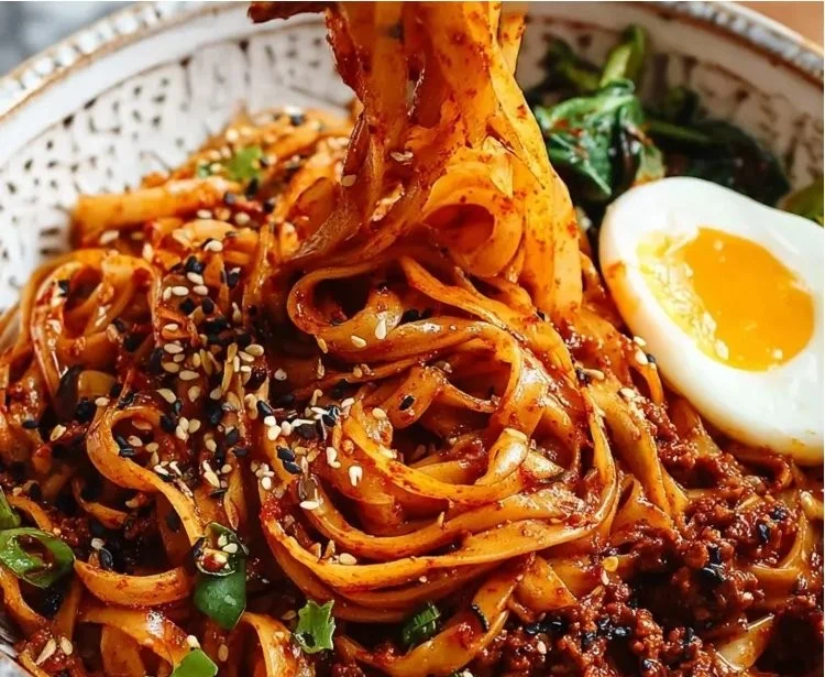Bowl of spicy gochujang noodles garnished with fresh vegetables and herbs