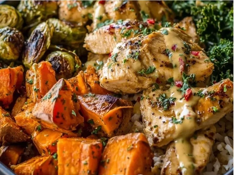 Sweet potato and chicken bowls with maple Dijon glaze, perfect for weeknight dinners.